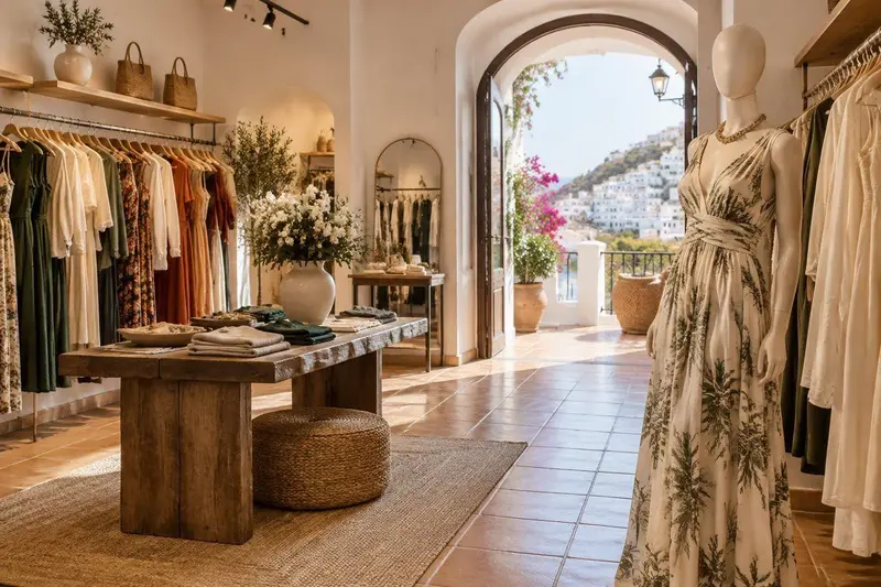 Boutique de moda en Mijas con percheros de ropa y un maniquí con un vestido elegante, iluminación suave de estudio