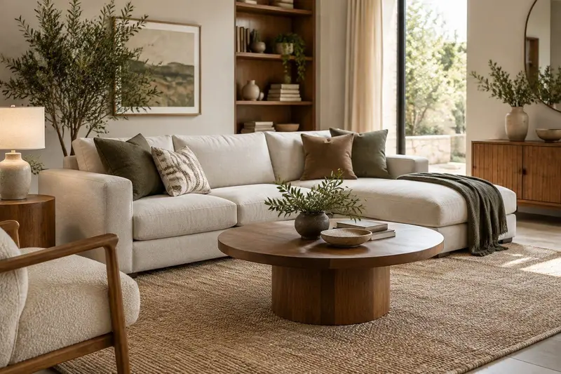 Salón moderno con sofá y muebles de madera, fotografía de producto de catálogo