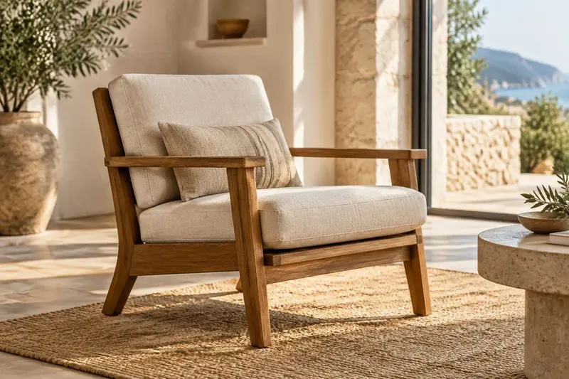 Silla de madera fotografiada con IA en un salón mediterráneo luminoso para catálogo de muebles