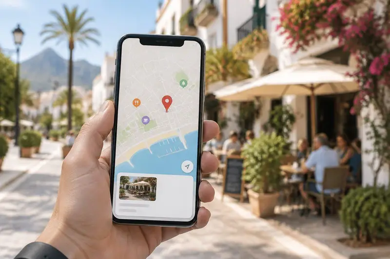 Mano sosteniendo un smartphone con una app de mapas que muestra un pin de negocio local, calle con cafeterías en Marbella desenfocada al fondo