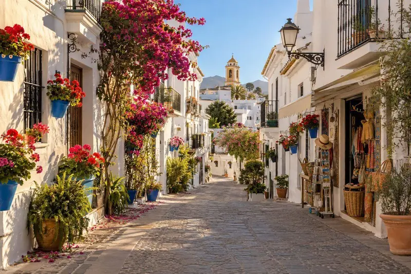 Casco antiguo de Estepona con fachadas encaladas y flores y un pequeño negocio con luz cálida