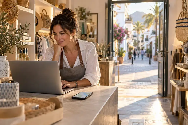Dueño de un negocio local en Marbella revisando su web y su ficha de Google en un portátil