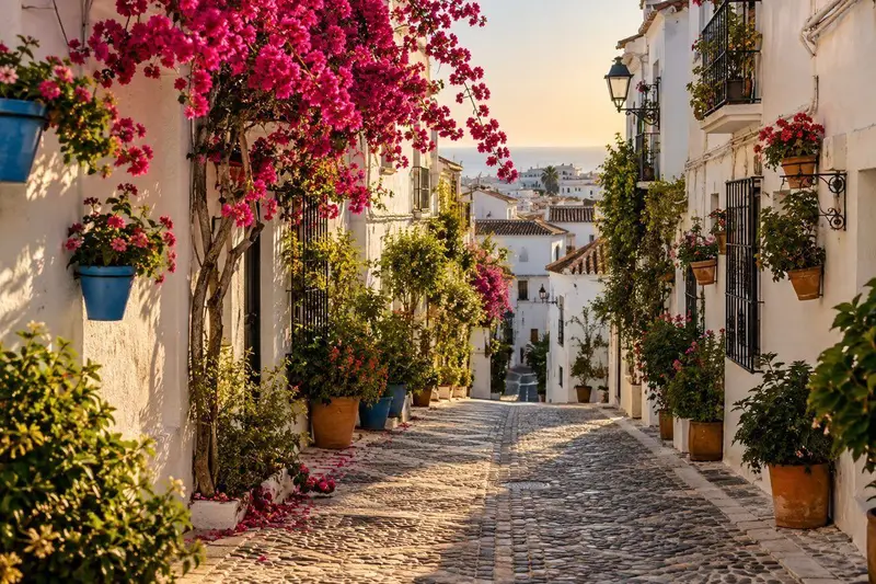 Calle encalada con flores del casco antiguo de Estepona con luz cálida de tarde