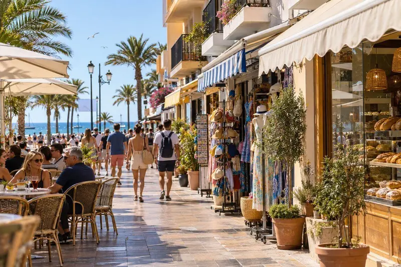 Calle comercial y paseo marítimo de Fuengirola con negocios locales y luz mediterránea