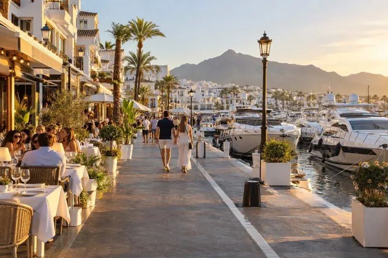 Puerto deportivo de Marbella con terrazas y negocios, ambiente comercial