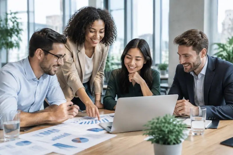 Equipo de marketing revisando gráficos y un portátil en una oficina moderna y luminosa
