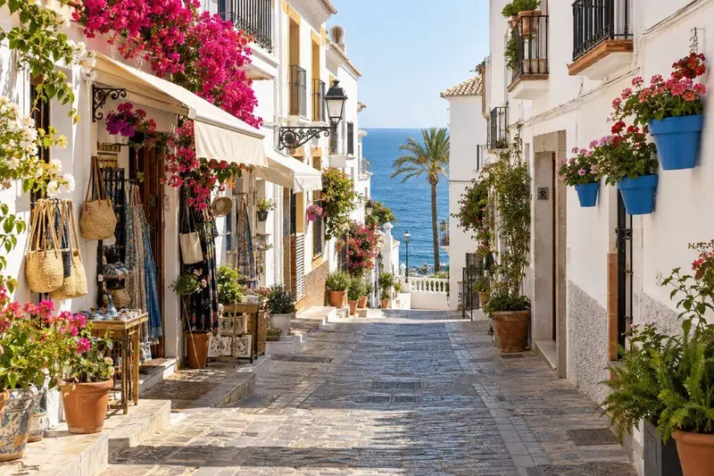 Calle blanca andaluza de Nerja con pequeños comercios y toldos al sol