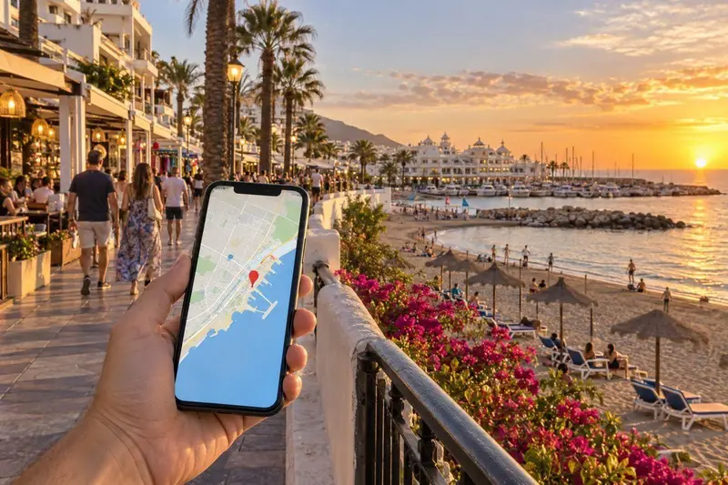 Paseo marítimo de Benalmádena con bares y comercios, móvil mostrando Google Maps