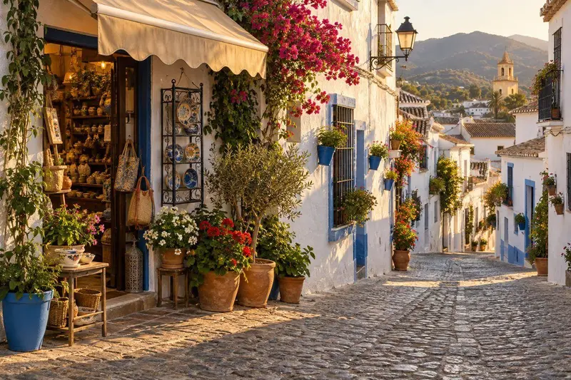 Calle de un pueblo blanco andaluz con un pequeño comercio, macetas y toldo