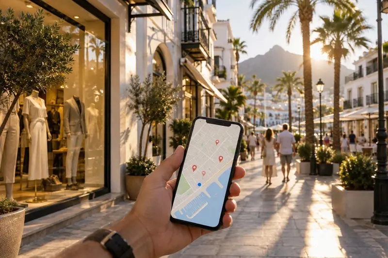 Calle comercial de Marbella con negocios y escaparates, móvil mostrando Google Maps