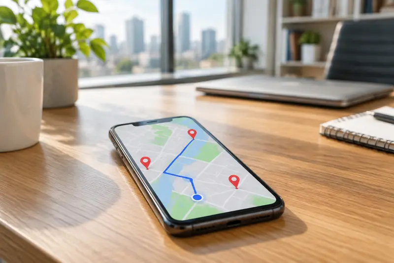 Smartphone mostrando un mapa genérico con pines de ubicación sobre un escritorio de madera en una oficina luminosa