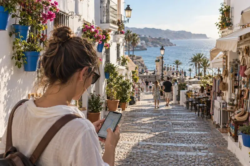 Calle blanca andaluza de Nerja junto al Balcón de Europa y una persona consultando Google Maps en el móvil