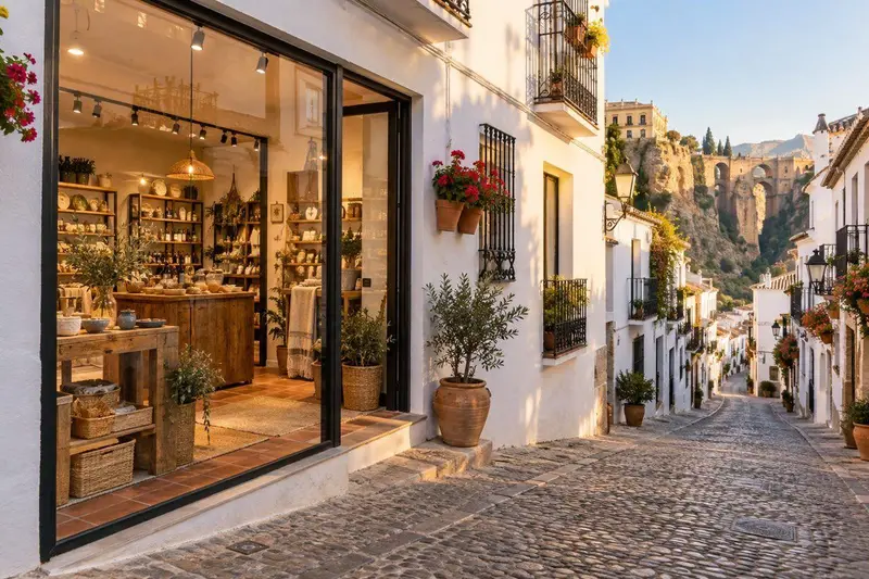 Escaparate de un negocio local en una calle histórica encalada de Ronda