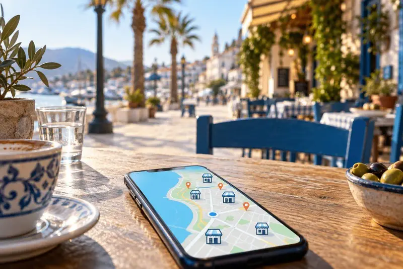 Móvil con el mapa de negocios locales junto al paseo marítimo de Torremolinos