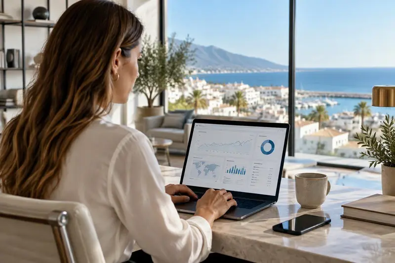 Persona trabajando con un portátil con un panel de analíticas en pantalla, oficina moderna con vistas al mar de Marbella