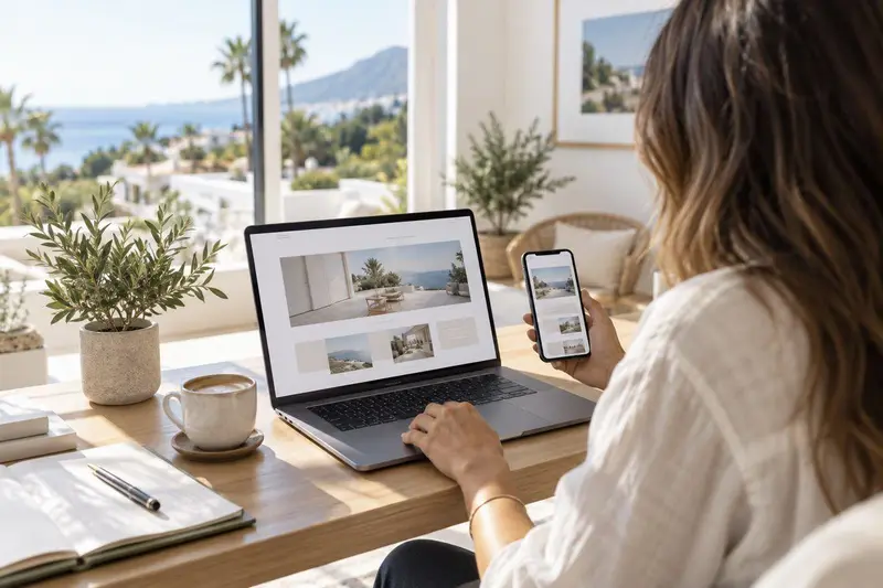 Persona comparando el diseño de una web en un portátil y en un móvil sobre un escritorio moderno y luminoso en Marbella