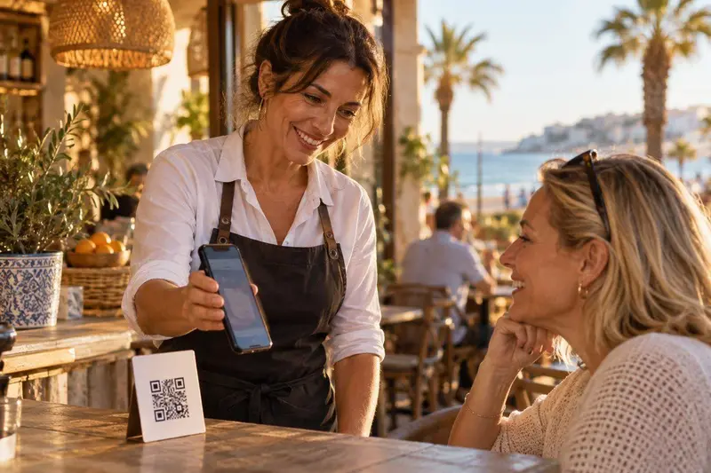 Comerciante de Torremolinos mostrando el móvil a un cliente para pedirle una reseña