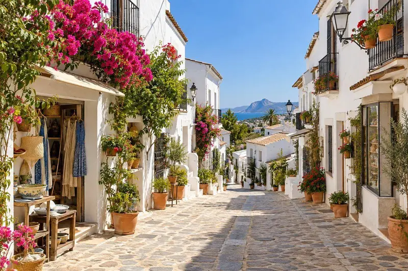 Calle blanca de un pueblo andaluz en Manilva con escaparates floridos bajo un día soleado