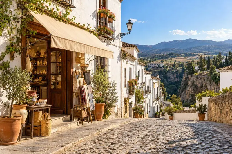 Fachada de un negocio tradicional en una calle de Ronda, Málaga