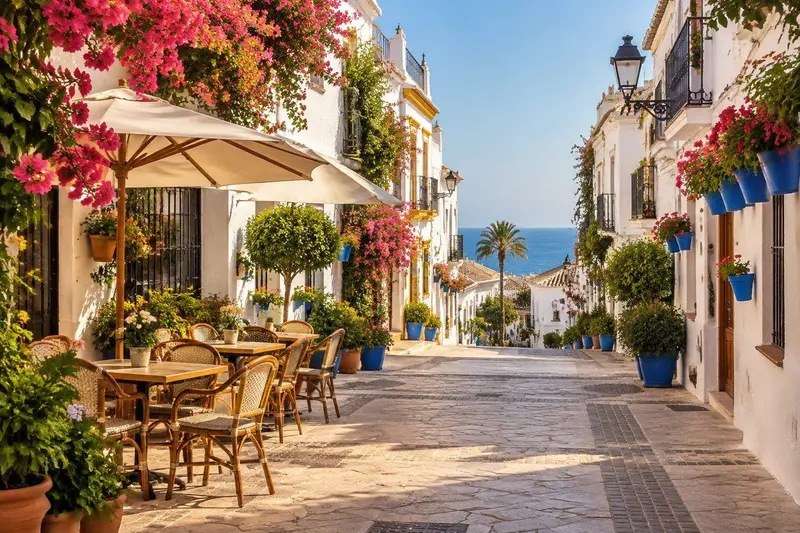Calle de Estepona con casas blancas y macetas, terraza de café y luz de tarde