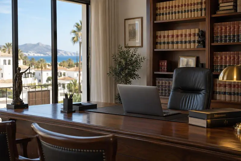 Despacho de abogados en Estepona con libros jurídicos y un ordenador mostrando Google Maps