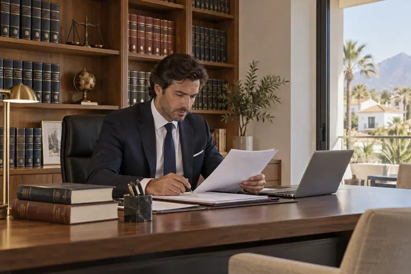 Despacho de abogados en San Pedro Alcántara con libros de derecho y un abogado revisando documentos
