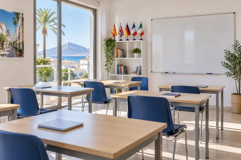 Aula moderna de una academia de idiomas en Estepona con pizarra y banderas de distintos países