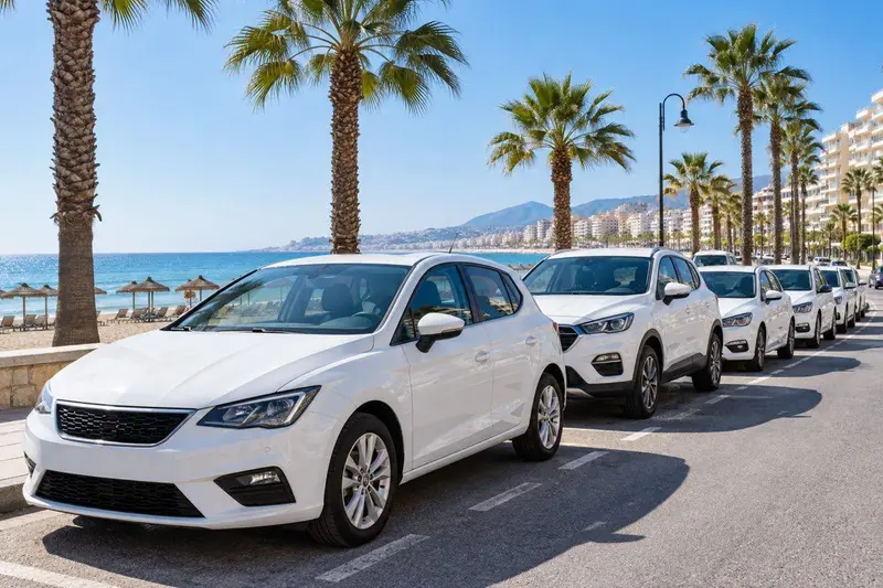 Fila de coches de alquiler aparcados cerca del paseo marítimo de Torremolinos