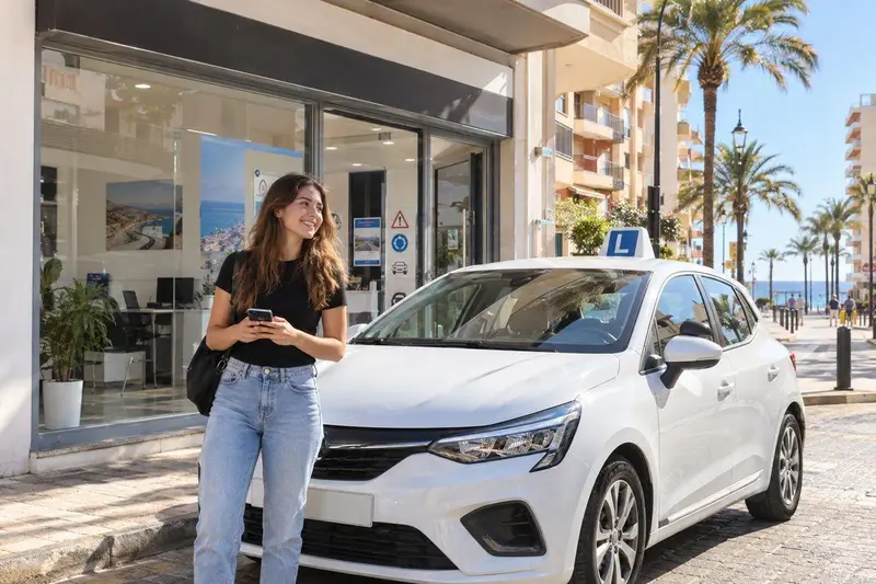 Fachada de una autoescuela en Fuengirola con un coche de prácticas y un alumno mirando el móvil