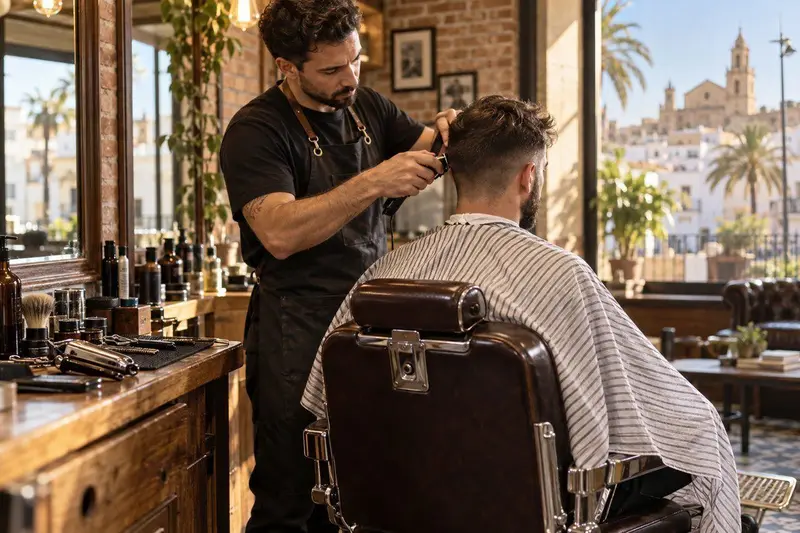 Dueño de una barbería en Benalmádena consultando su ficha de Google Maps en el móvil