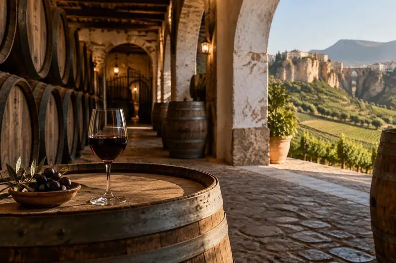 Barricas de vino en una bodega tradicional de Ronda con luz cálida
