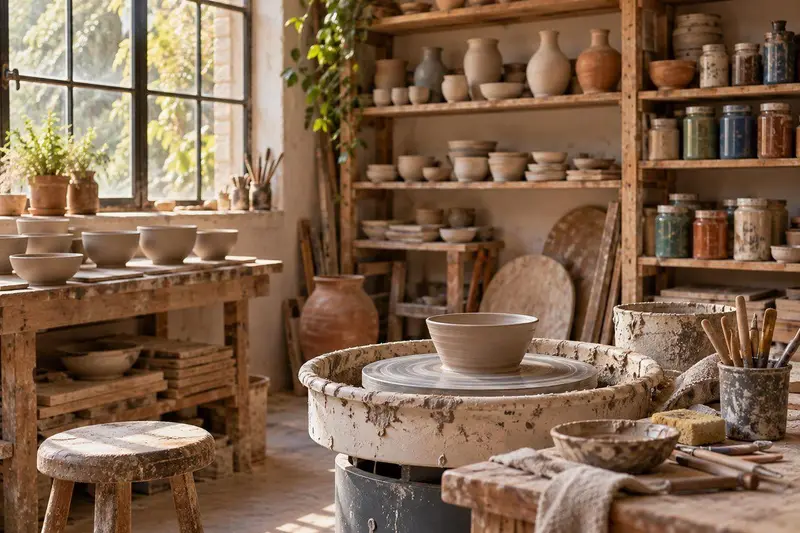 Taller de cerámica artesanal con torno y estantes de piezas de barro