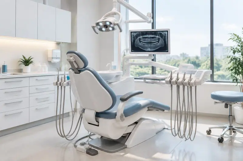 Sala de tratamiento de una clínica dental moderna en Benahavís con sillón dental y equipo blanco