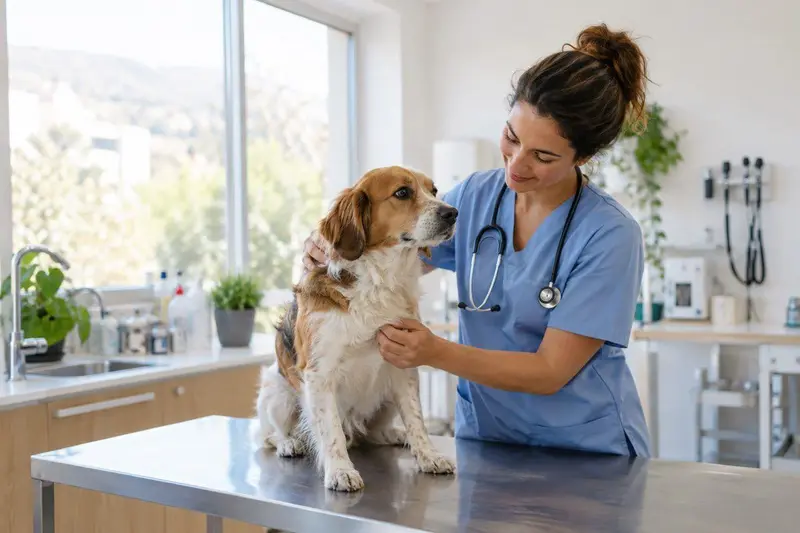 Veterinario atendiendo con cariño a un perro sobre la mesa de exploración de una clínica luminosa