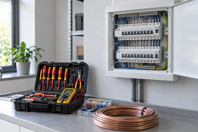 Cuadro eléctrico moderno y caja de herramientas de electricista