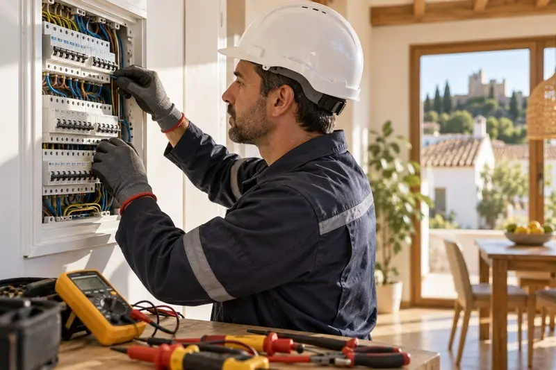 Electricista profesional con casco y guantes revisando un cuadro eléctrico moderno en una vivienda luminosa
