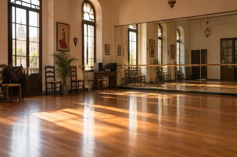 Estudio de danza con suelo de madera, espejos y barra, iluminado con luz cálida en Mijas