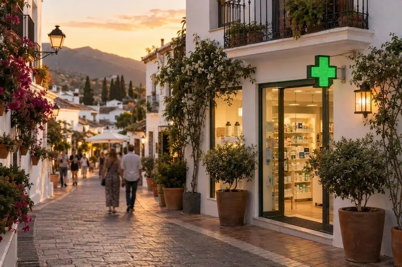 Farmacia en una calle andaluza de Benahavís al atardecer, con fachada iluminada y emblema verde de farmacia