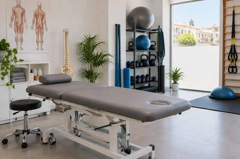 Sala de tratamiento de una clínica de fisioterapia moderna y luminosa en Benahavís