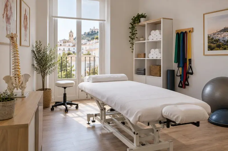 Sala de tratamiento de una clínica de fisioterapia en Ronda con camilla y equipamiento