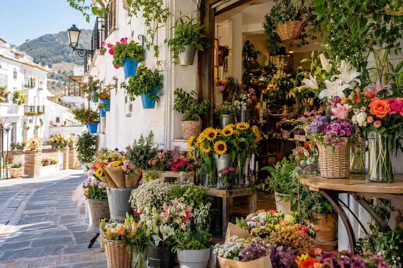 Floristería luminosa en Mijas con ramos de flores frescas y un mostrador