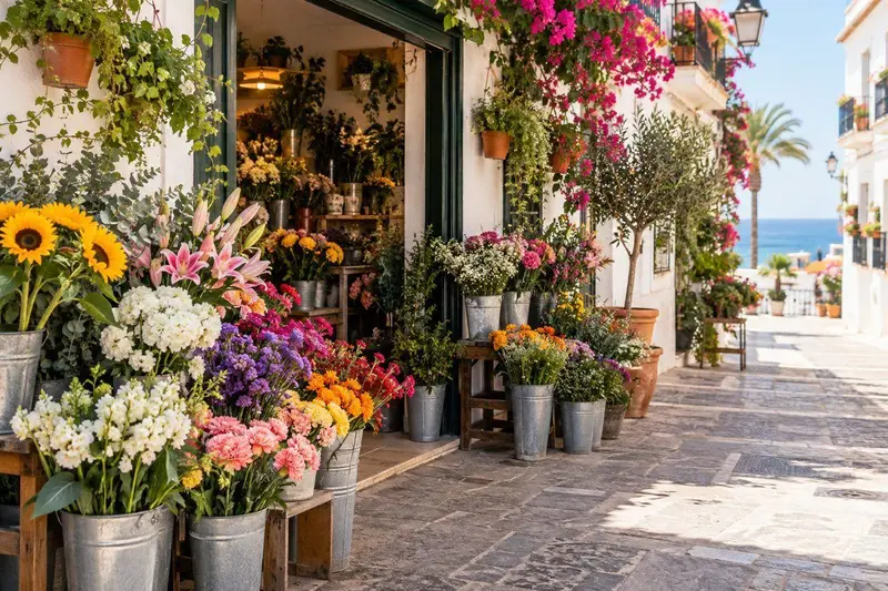 Escaparate de floristería con ramos frescos en cubos en un pueblo costero andaluz