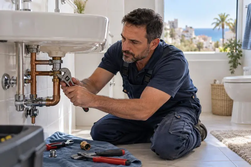 Fontanero profesional trabajando con una llave inglesa en la tubería de un baño luminoso