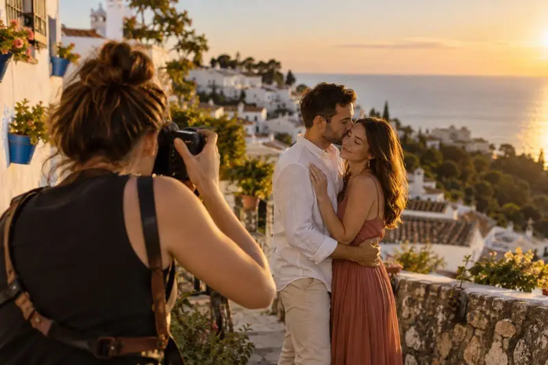 Fotógrafo en una sesión de fotos al aire libre en Benalmádena, Costa del Sol