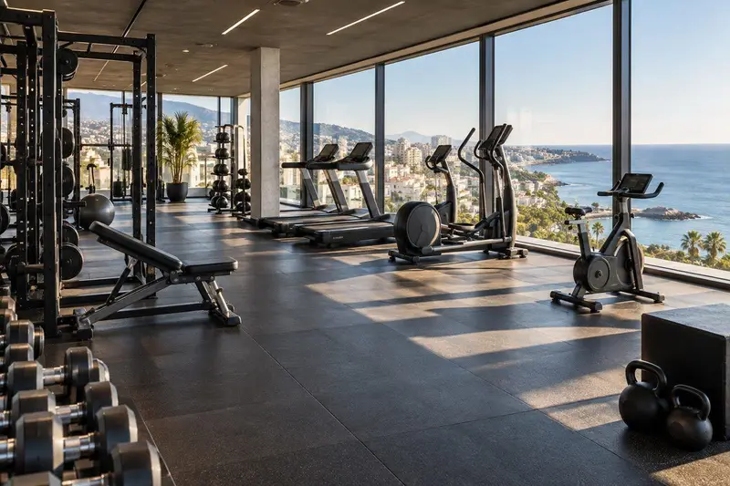 Interior de un gimnasio en Benalmádena con equipamiento y vistas a la costa