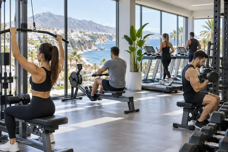 Gimnasio moderno con luz natural en Nerja con gente entrenando