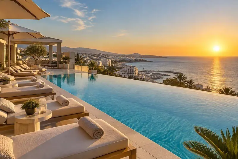 Terraza con piscina de un hotel en Benalmádena con vistas al mar