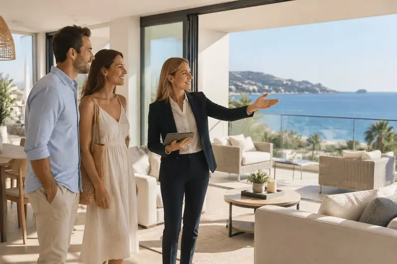 Agente inmobiliario mostrando un piso luminoso con vistas al mar en Torremolinos