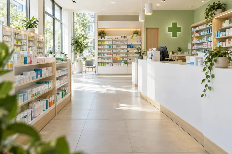 Interior luminoso de una farmacia moderna en Fuengirola con estanterías ordenadas
