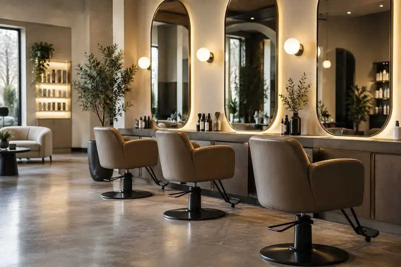 Interior de una peluquería moderna en San Pedro Alcántara con sillas de peluquería, espejos grandes y luz cálida